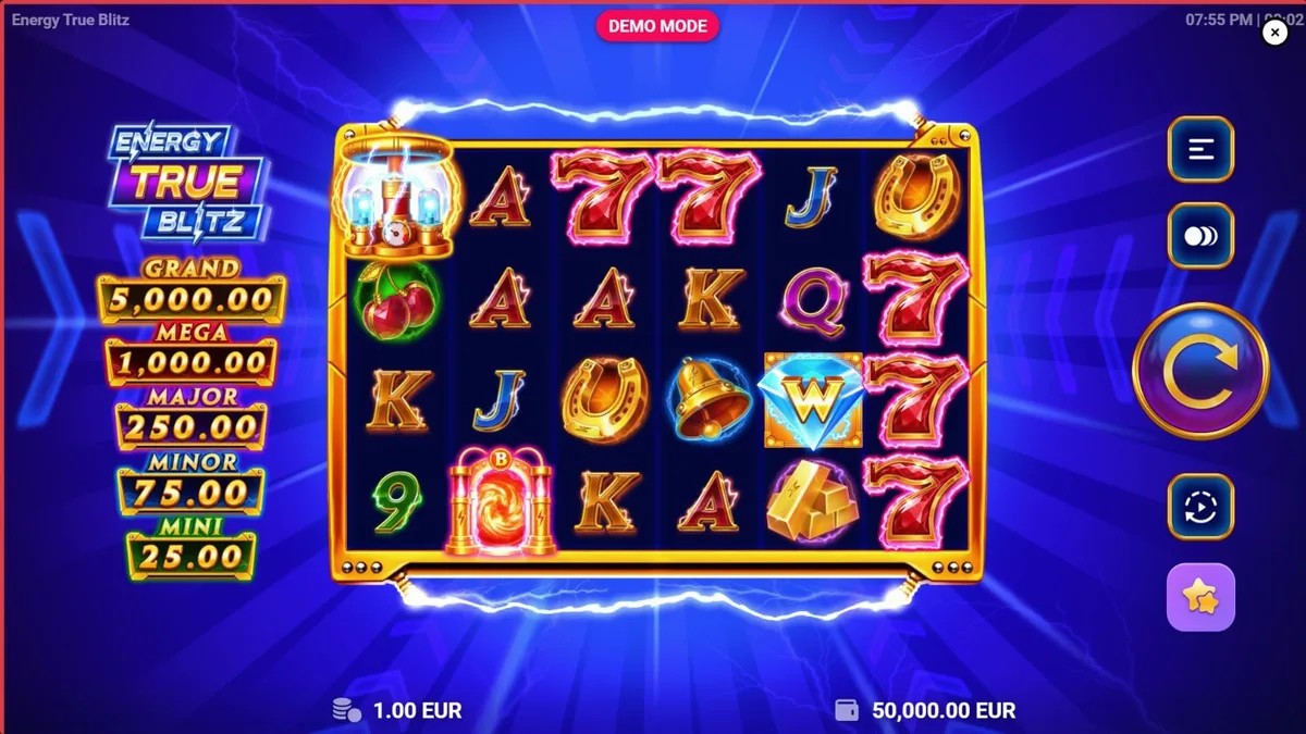 Tampilan visual neon dan simbol klasik dalam slot Energy True Blitz